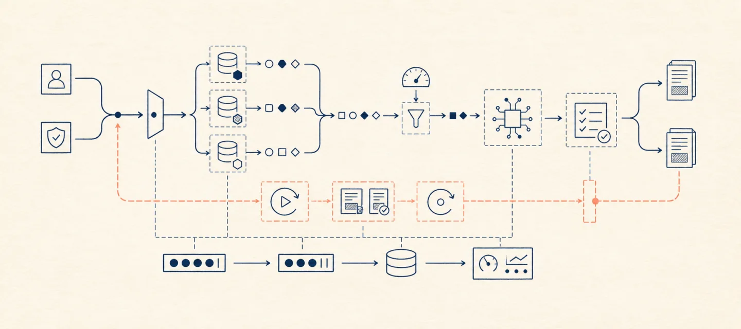 A policy-bound request fans across retrieval services, passes evidence budgeting and verification, and emits an answer trace linked to replay, canary, and rollback.
